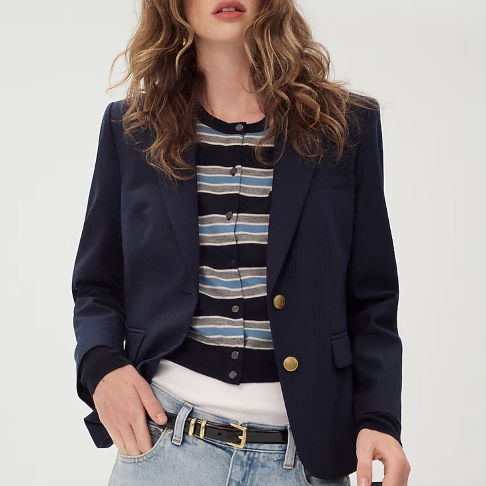 J Crew Navy Blue Wool Blazer with Gold Buttons, Size 8